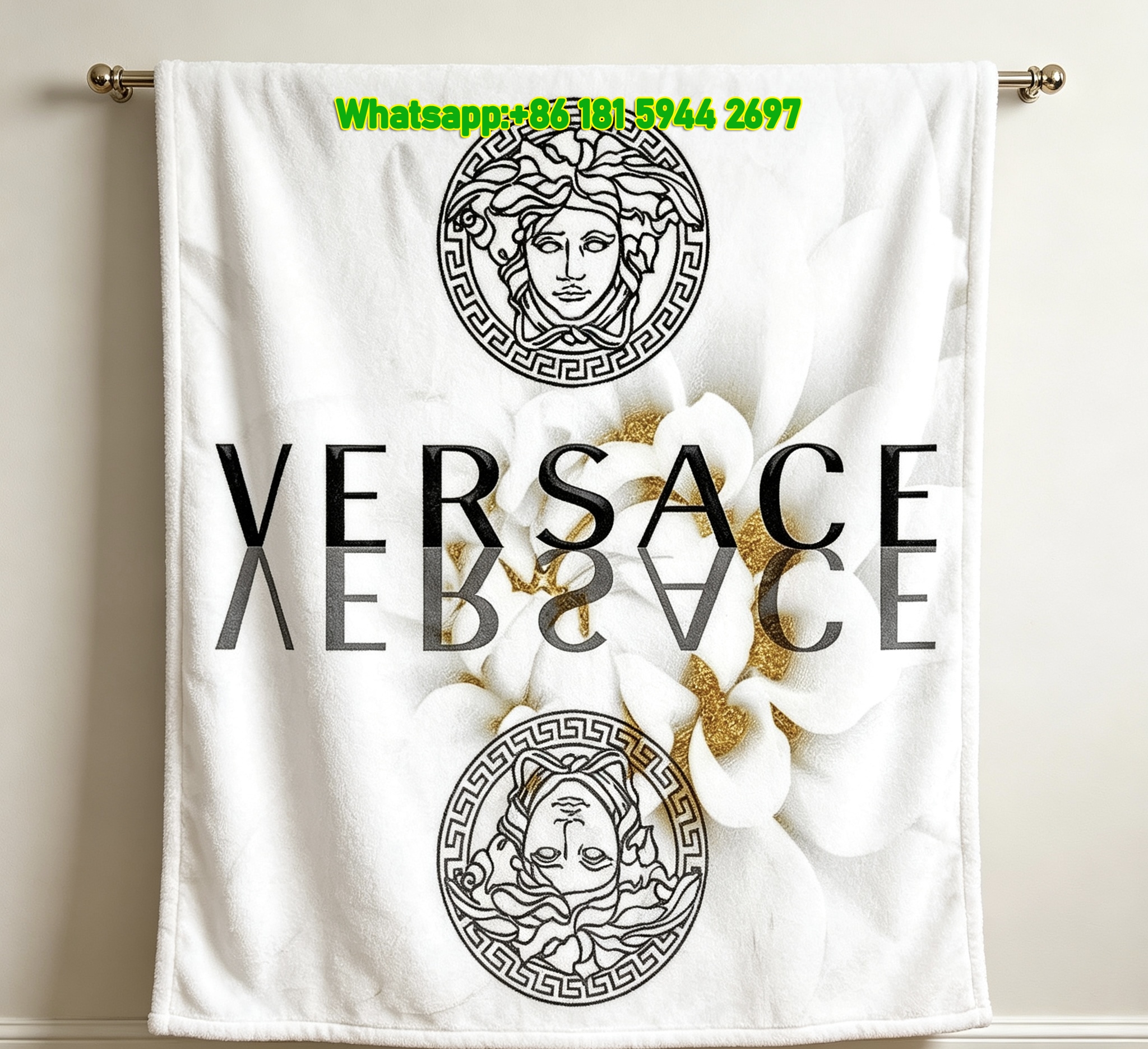 Versace White And Gold Medusa Print Flannel Sofa Throw Blanket IMG_1357